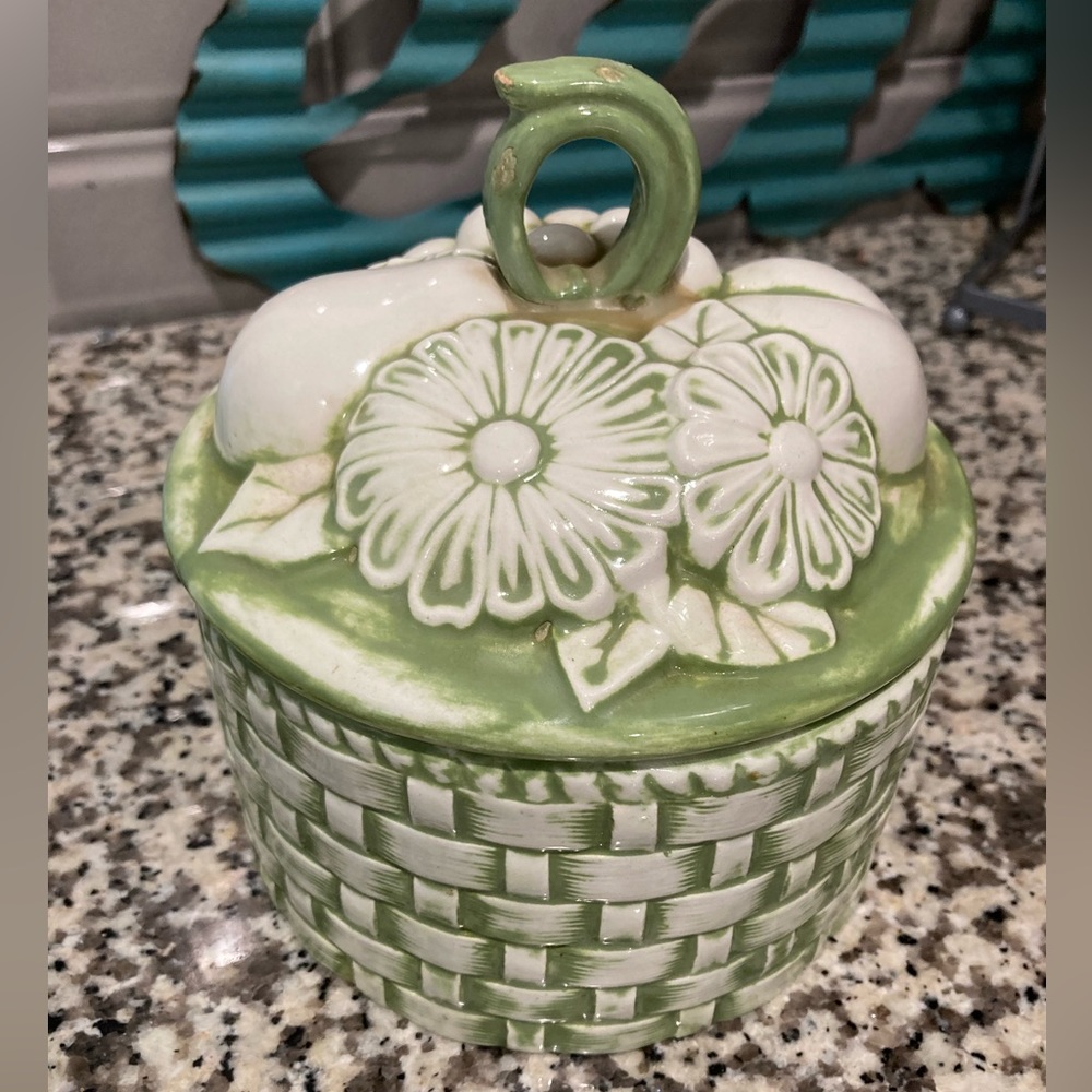Vintage 70’s green ceramic container and lid fruit basket design handmade